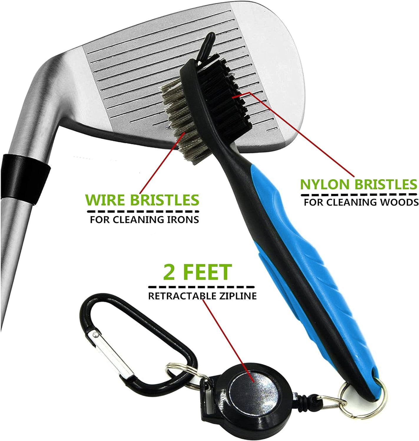 Yoport® Golf Club Brush and Club Groove Cleaner 2 Ft Retractable Zip-Line Aluminum Carabiner, Lightweight and Stylish, Ergonomic Design, Easily Attaches to Golf Bag