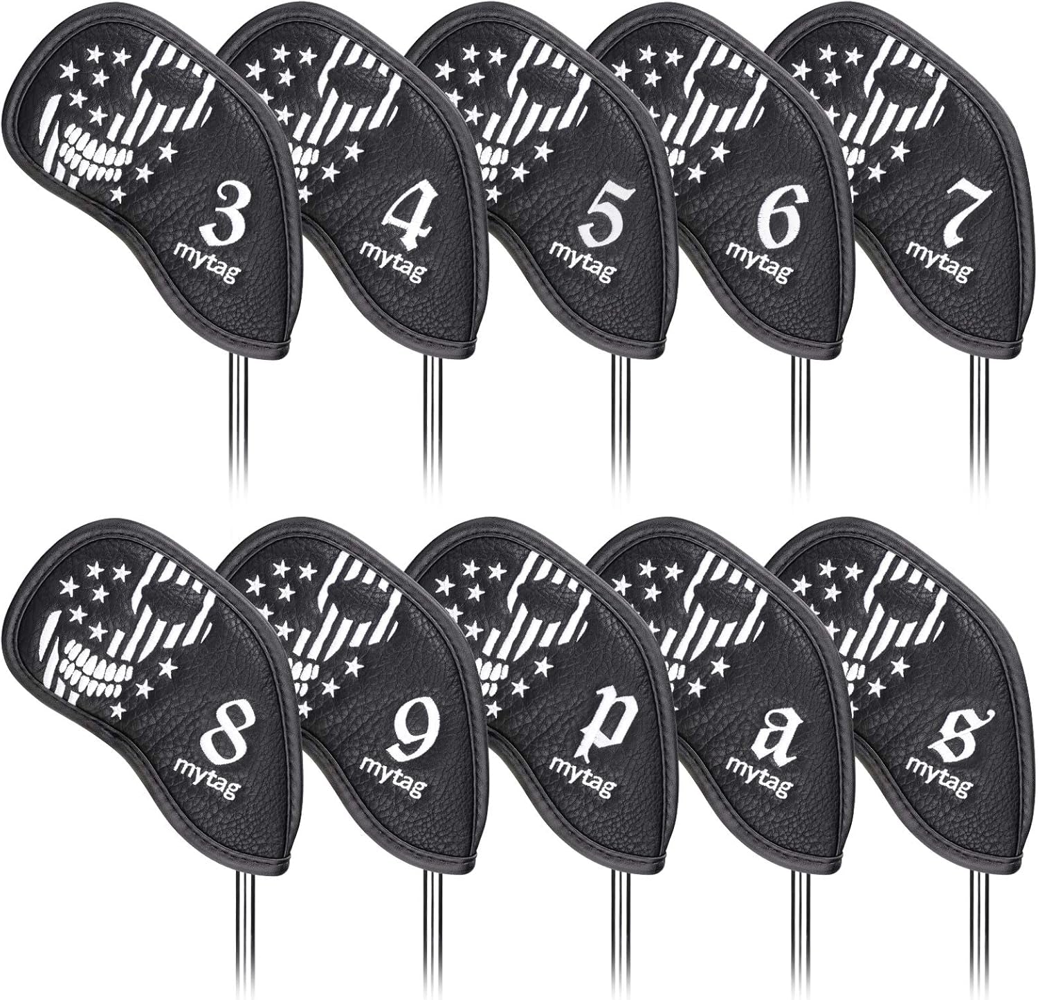 Mytag Golf Skull Skeleton Head Cover Golf Club Black Leather Headcovers Set Fits Driver Fairway Wood Hybrid Utility Putter Iron Wedge Headcover