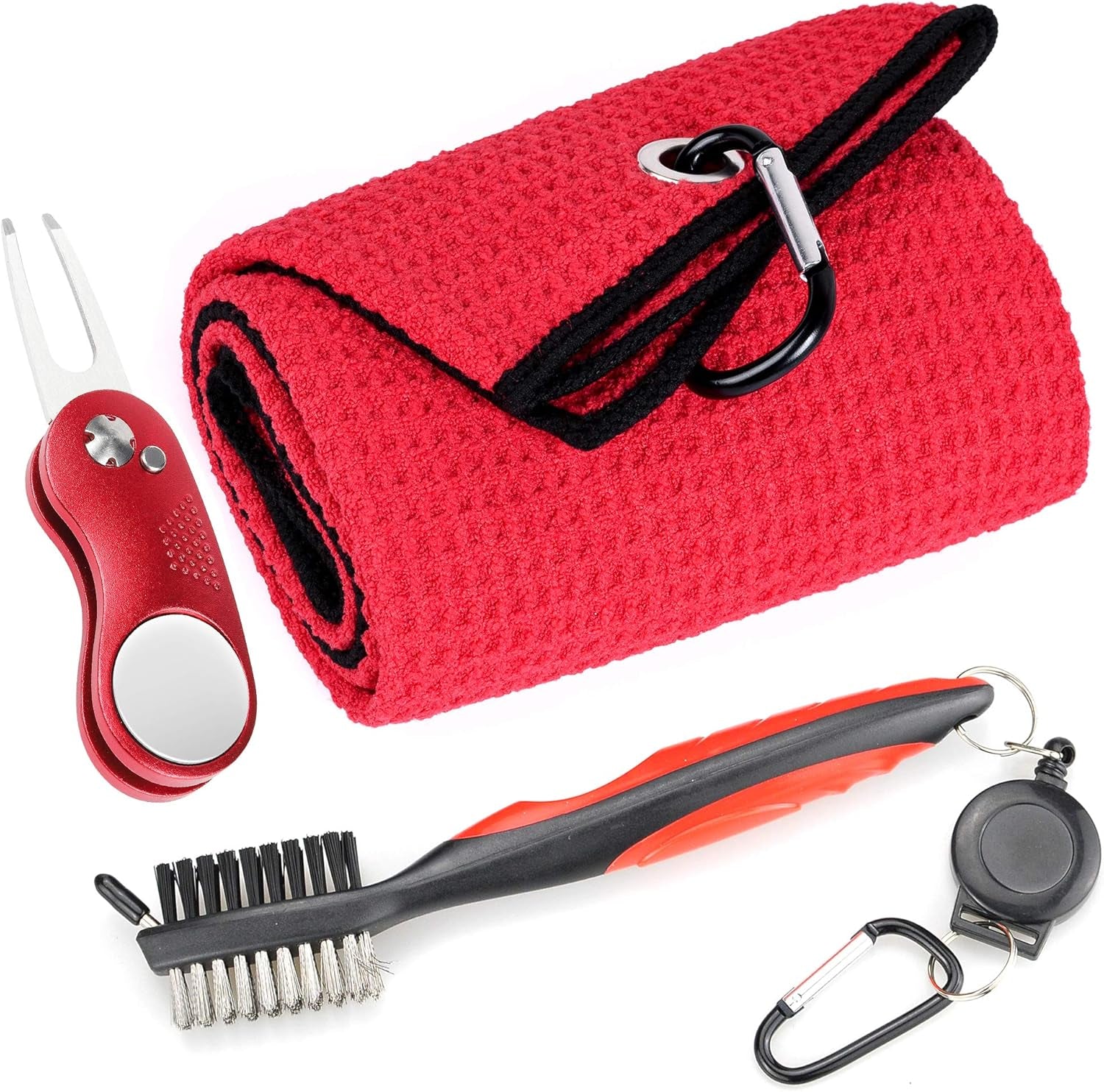 Mile High Life Microfiber Golf Towel with Waffle Pattern | Retractable Club Groove Cleaner Oversize Brush | Foldable Divot Tool with Magnetic Ball Marker | Golf Accessories for Men