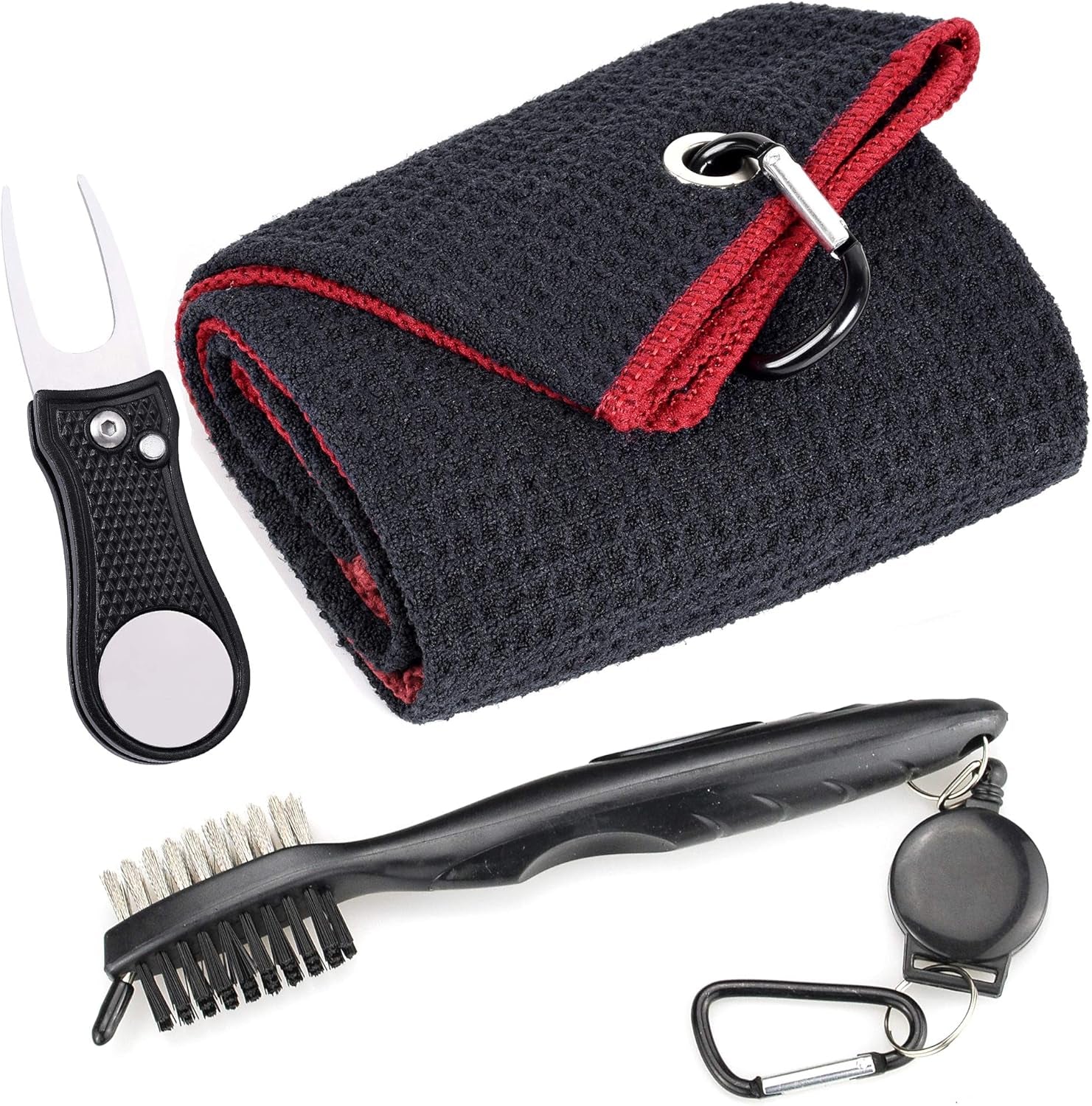 Mile High Life Microfiber Golf Towel with Waffle Pattern | Retractable Club Groove Cleaner Oversize Brush | Foldable Divot Tool with Magnetic Ball Marker | Golf Accessories for Men