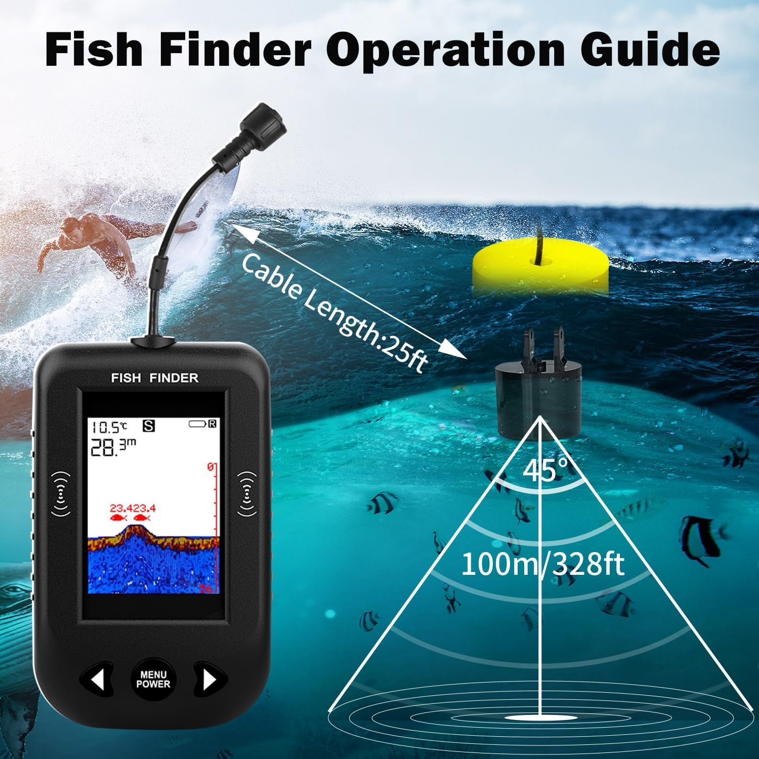 Kayak Portable Fish Finder - Handheld Wired Fish Depth Finder - Contour Readout Fishfinder Ice Shore Boat Fishing Fish Detector Device - with Sonar Sensor Transducer and LCD Display Gear