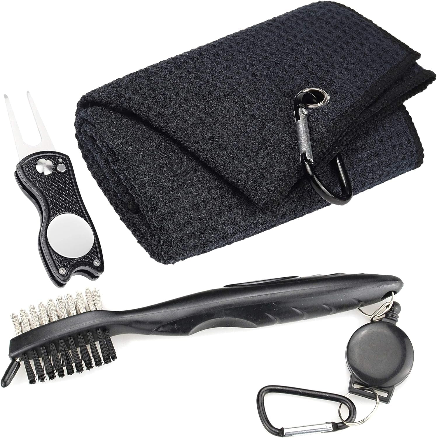 Mile High Life Microfiber Golf Towel with Waffle Pattern | Retractable Club Groove Cleaner Oversize Brush | Foldable Divot Tool with Magnetic Ball Marker | Golf Accessories for Men