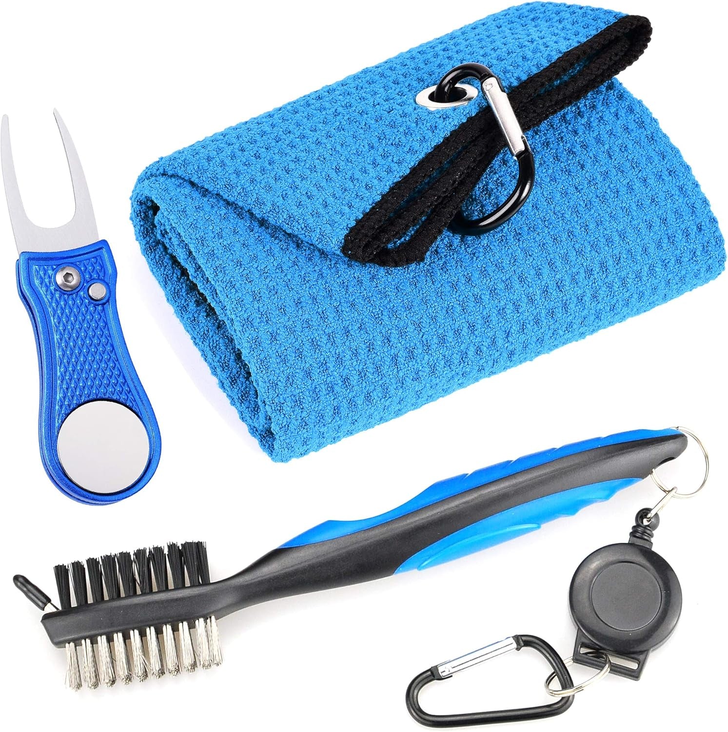Mile High Life Microfiber Golf Towel with Waffle Pattern | Retractable Club Groove Cleaner Oversize Brush | Foldable Divot Tool with Magnetic Ball Marker | Golf Accessories for Men