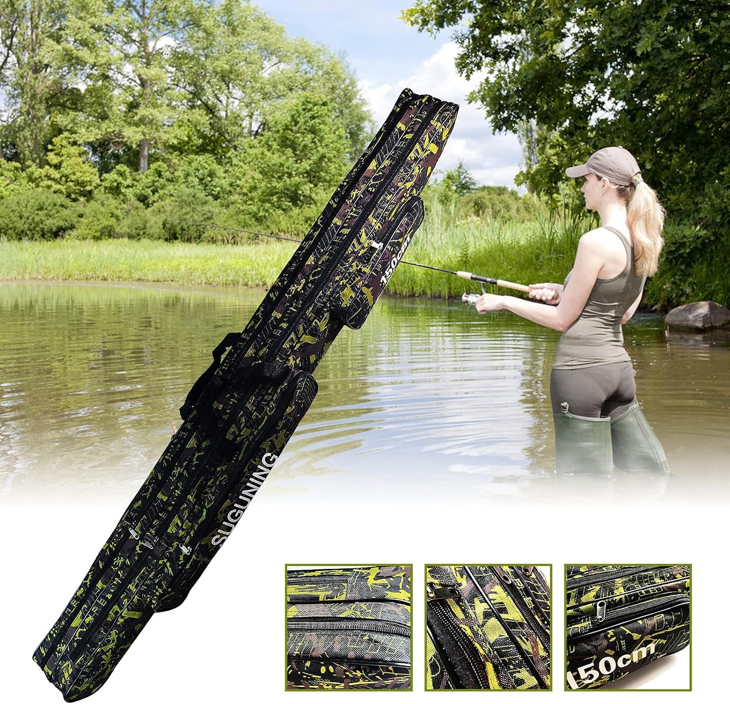 Fishing Rod Carrying Case Folding Storage Fishing Pole Case Portable Small Tackle Bag Cool Fishing Pole Gear Waterproof Fishing Pole Cover for Men Dad Fishermen with 2 Layer, 150 Cm