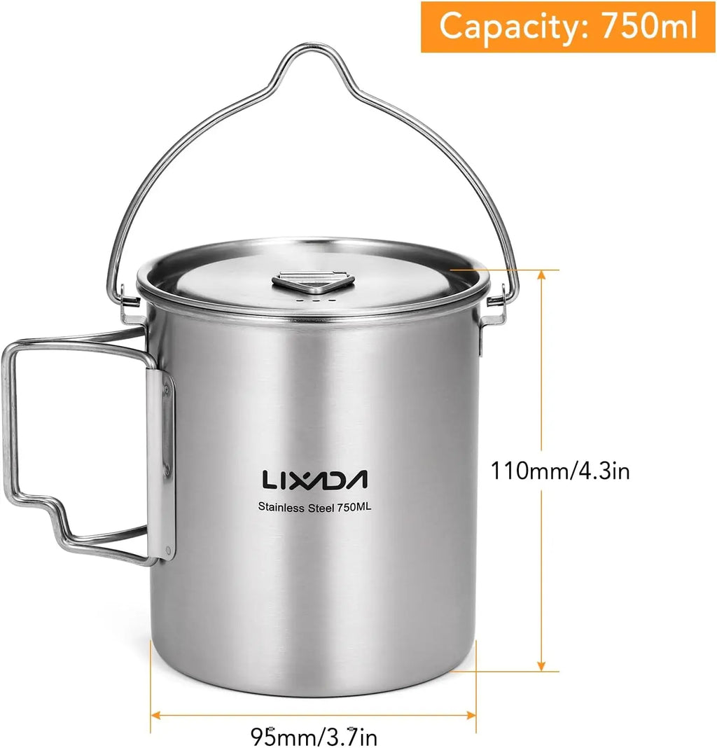 LIXADA Camping Cup Pot,750Ml Stainless Steel Water Cup Mug with Foldable Handles and Lid for Outdoor Camping Hiking Backpacking