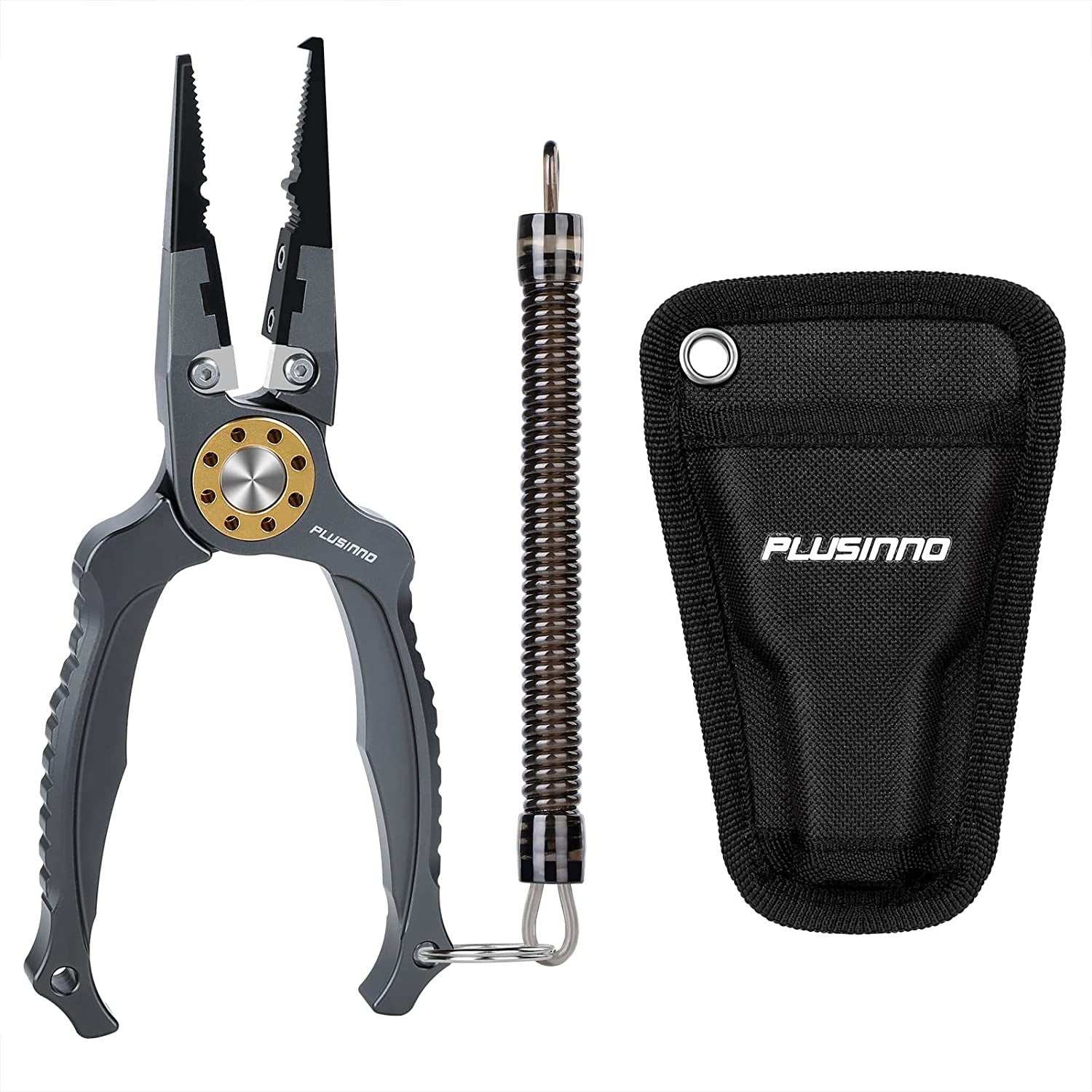 PLUSINNO 8 Inch Fishing Pliers, 6061Aluminum Muti-Function Fishing Tools, Split Ring Pliers Hook Removers, Saltwater Resistant Fishing Gear Accessories with Lanyard & Sheath, Fishing Gifts for Men