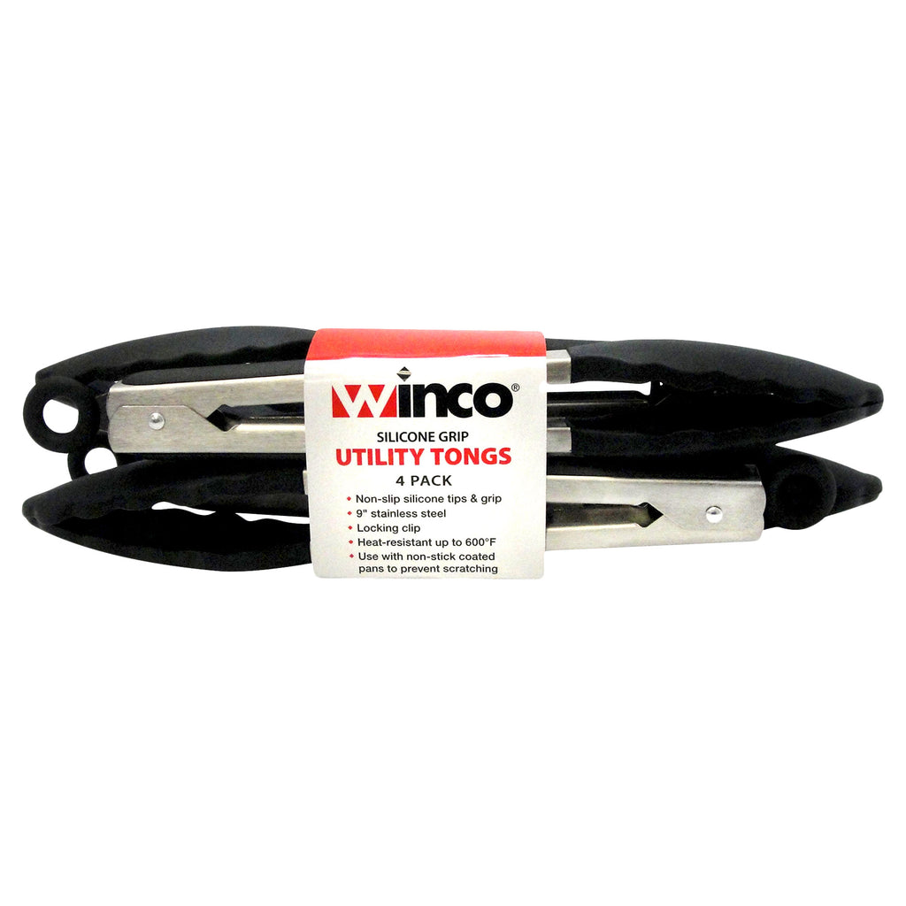 Winco 9-Inch Non-Slip Locking Tongs, Stainless Steel, 4-Count