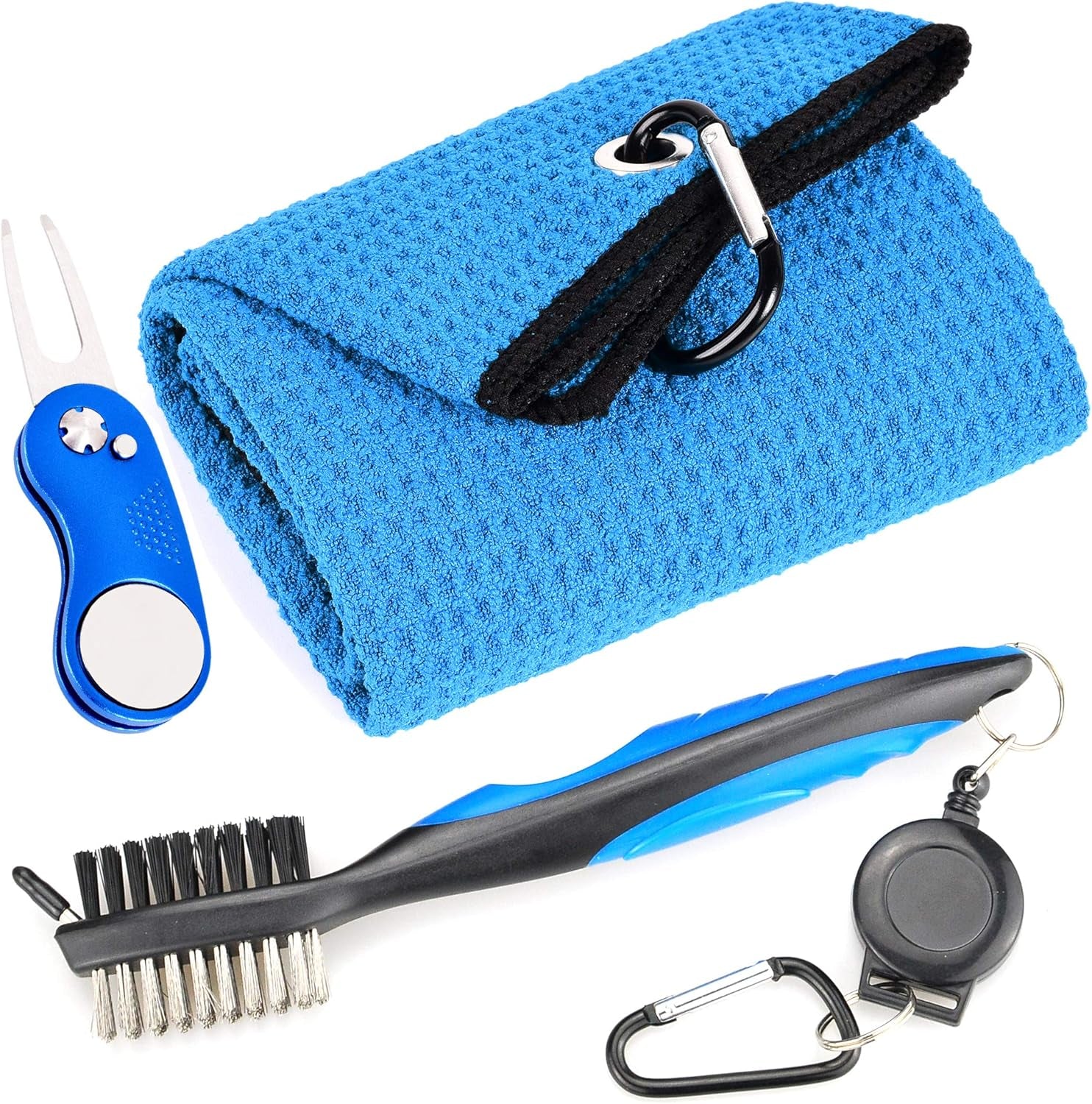Mile High Life Microfiber Golf Towel with Waffle Pattern | Retractable Club Groove Cleaner Oversize Brush | Foldable Divot Tool with Magnetic Ball Marker | Golf Accessories for Men