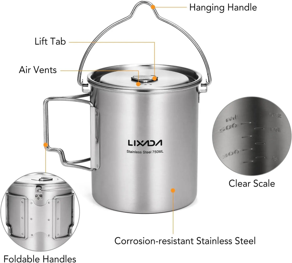LIXADA Camping Cup Pot,750Ml Stainless Steel Water Cup Mug with Foldable Handles and Lid for Outdoor Camping Hiking Backpacking