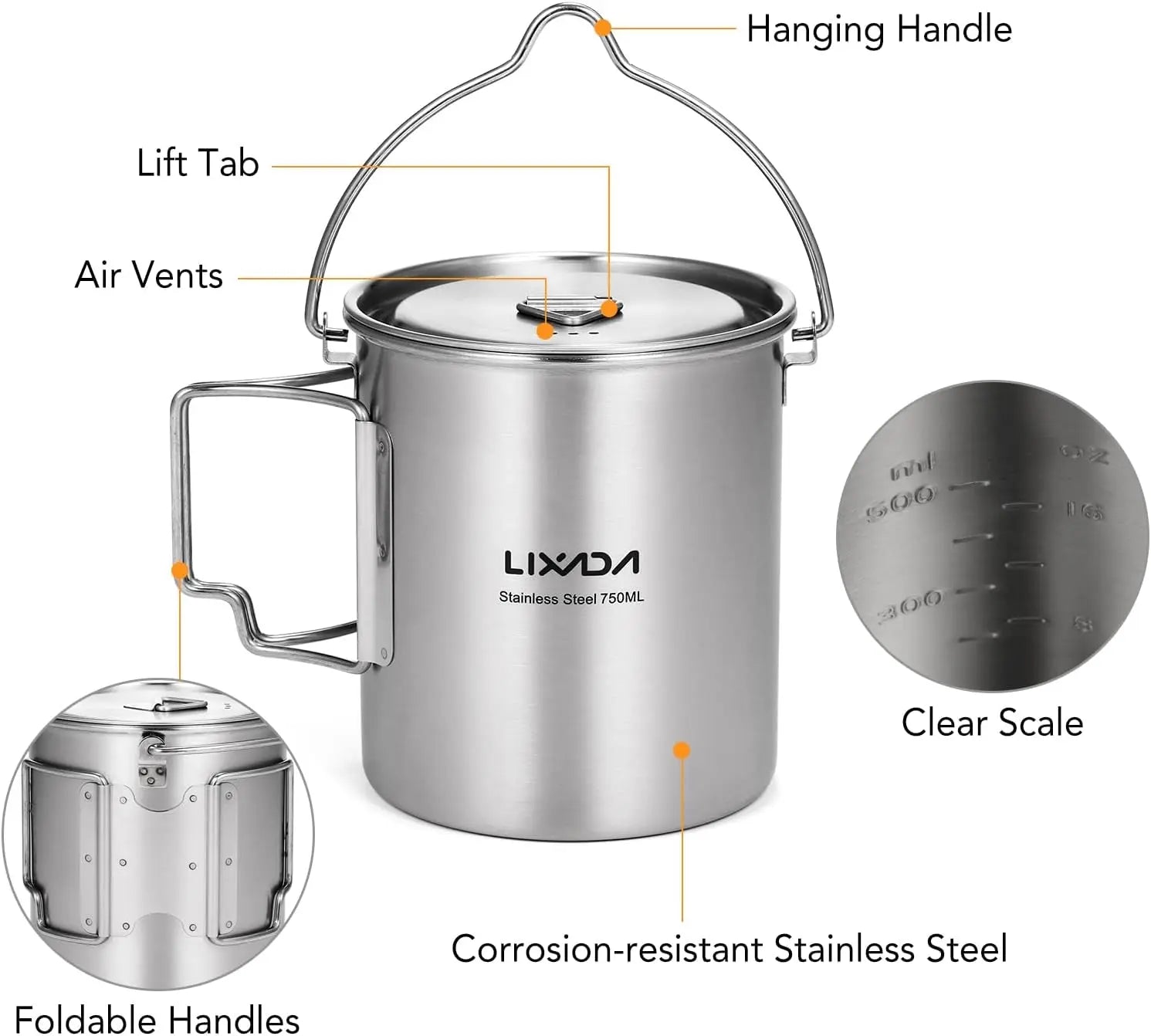 LIXADA Camping Cup Pot,750Ml Stainless Steel Water Cup Mug with Foldable Handles and Lid for Outdoor Camping Hiking Backpacking