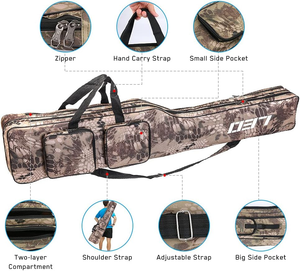 Jhua Fishing Rod Case, Fishing Pole Bag Case, Waterproof Fishing Rod Reel Bag Organizer Fishing Travel Bag, Oxford Large Capacity Fishing Tackle Storage Bag, Gift for Family Friends (Khaki Camouflage)