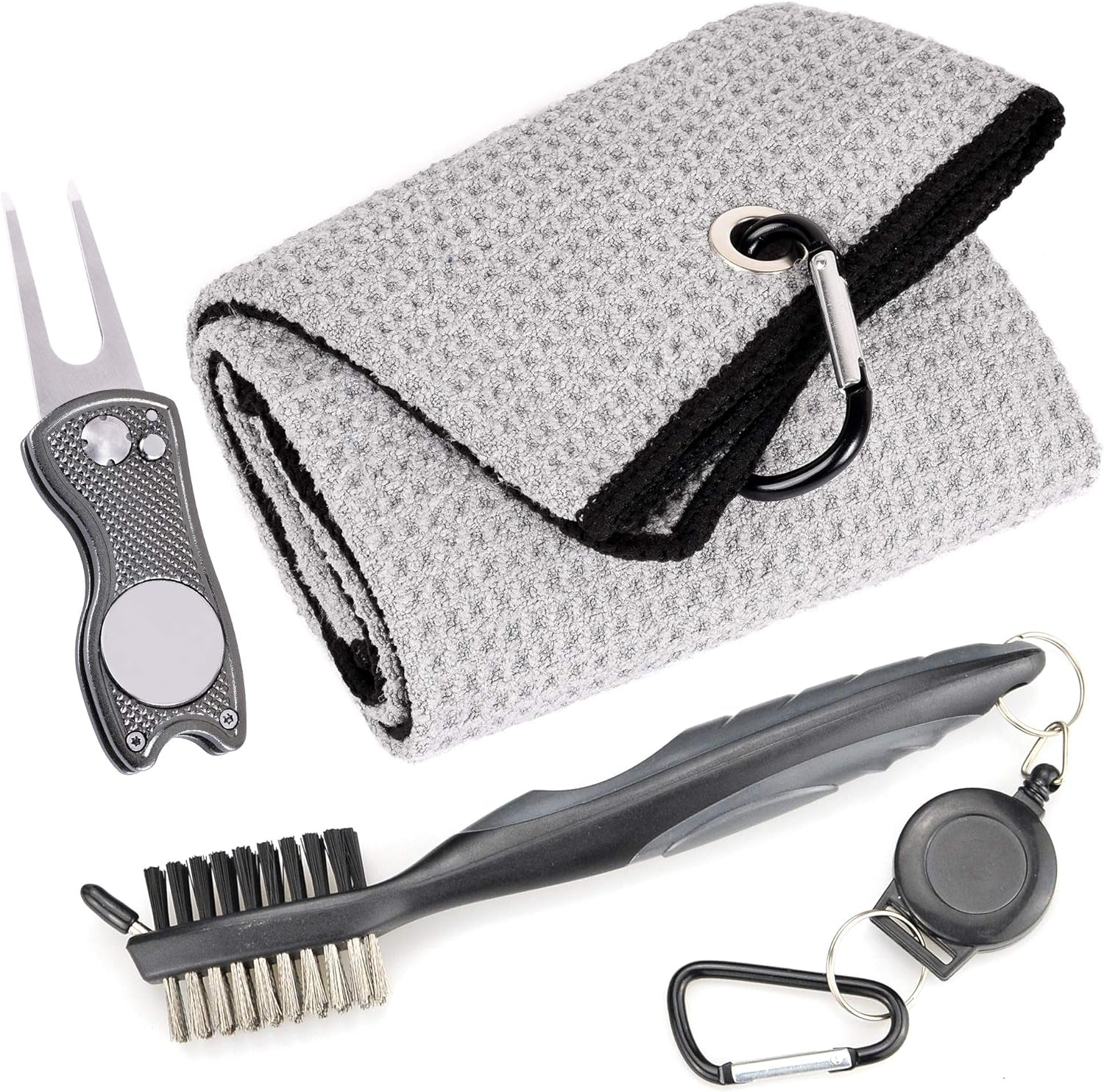 Mile High Life Microfiber Golf Towel with Waffle Pattern | Retractable Club Groove Cleaner Oversize Brush | Foldable Divot Tool with Magnetic Ball Marker | Golf Accessories for Men