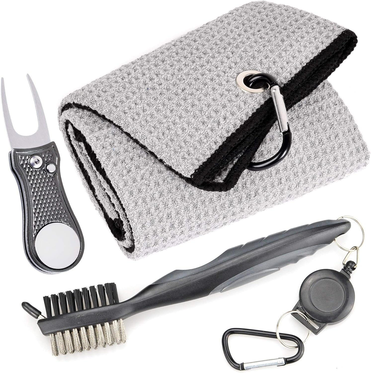 Mile High Life Microfiber Golf Towel with Waffle Pattern | Retractable Club Groove Cleaner Oversize Brush | Foldable Divot Tool with Magnetic Ball Marker | Golf Accessories for Men